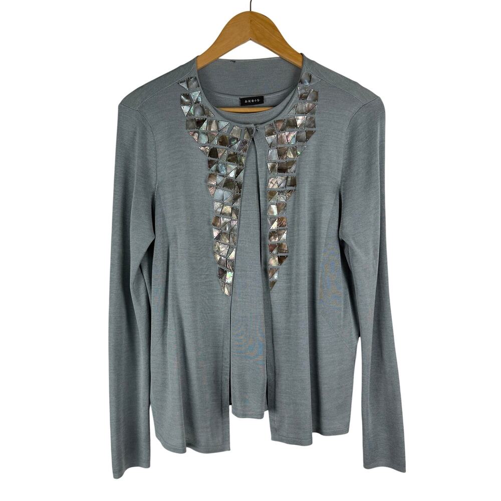 Akris Silk Embellished Cardigan Tank Top Twin Set Light Blue Grey Women's US 12